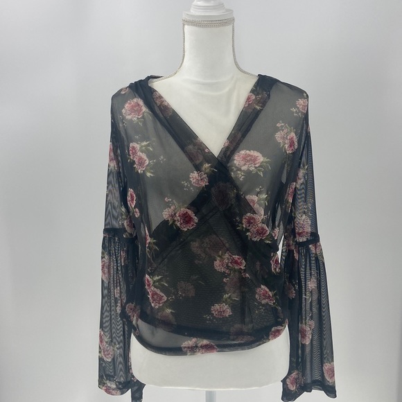 Bongo sheer romantic roses faux wrap blouse Gothic wide bell sleeve large - Picture 1 of 16